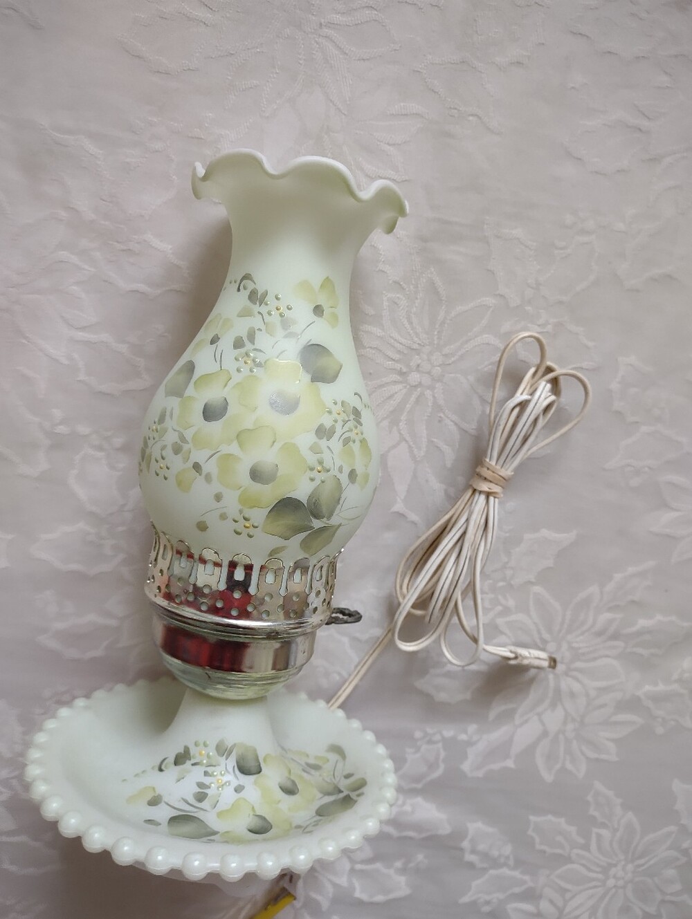 Milk Glass Hurricane Hand Painted Green Lamp